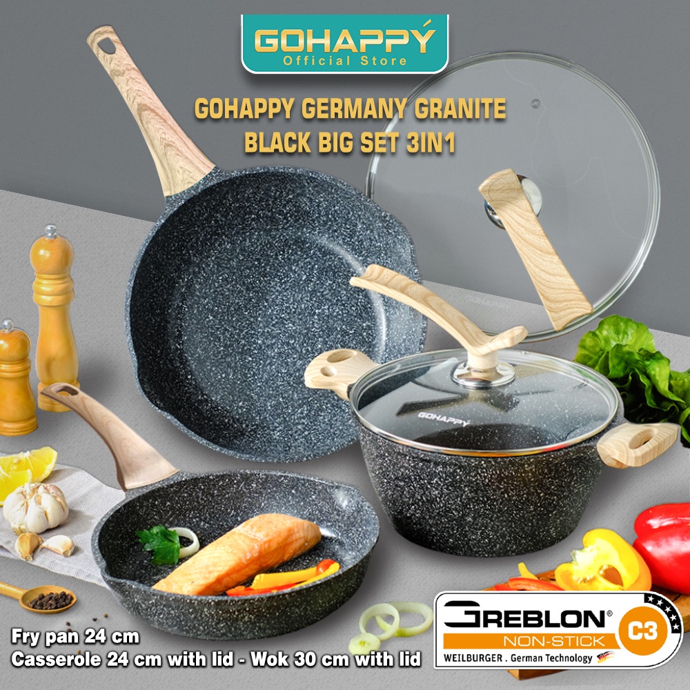 Panci Big 3 Germany Series Greblon C3 Gohappy Wok Casserole Fry pan Original