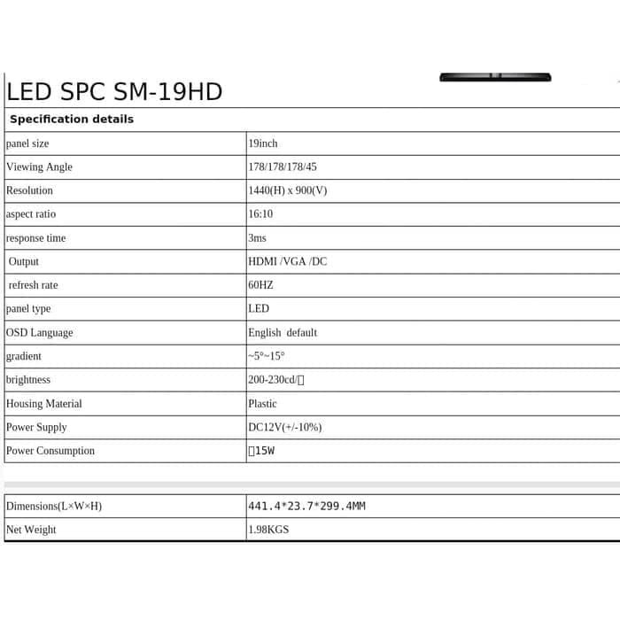 SPC OFFICE MONITOR LED Monitor SPC SM-19HD | 19 inch