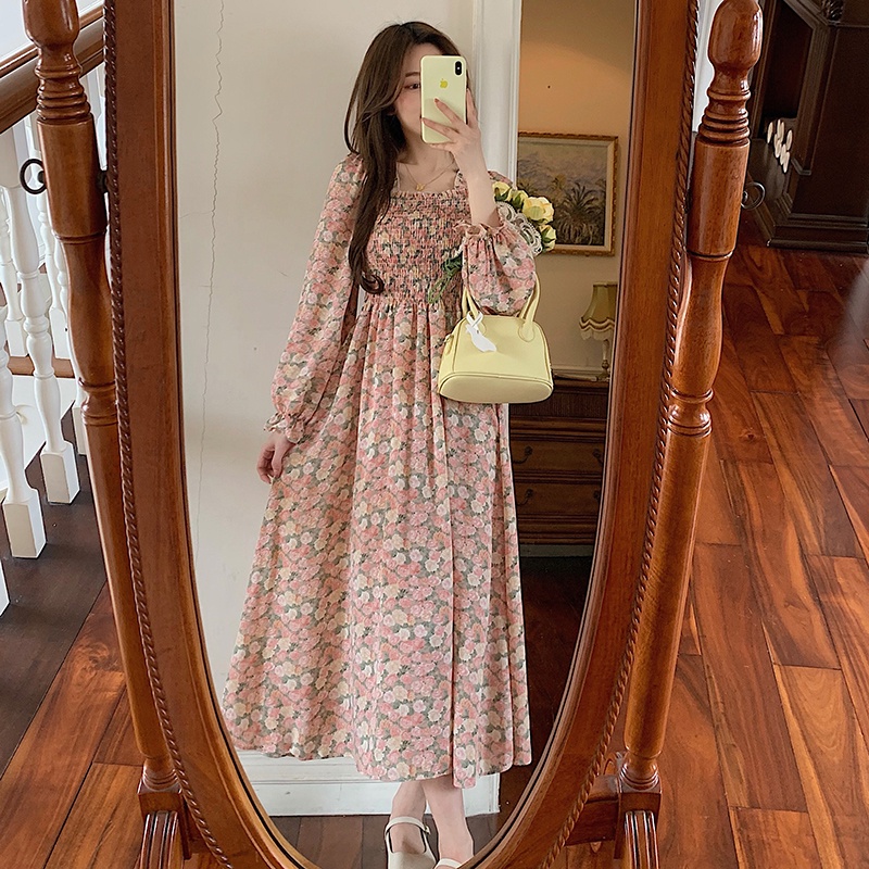 AIMEI Vintage French Square Neck Chiffon High Waist Mid-length Dress-3