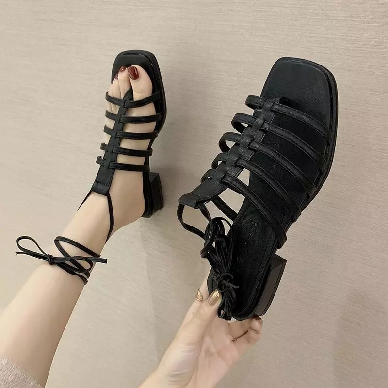 SANDAL TALI WANITA HAK PENDEK HEELS SLOP TALI