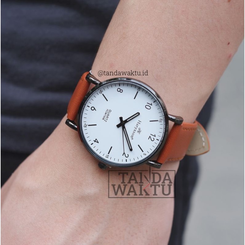 Haryxson HCM1506 ORIGINAL STRAP KULIT WATERPROOF / JAM TANGAN COUPLE PRIA WANITA TAHAN AIR / JAM TAN