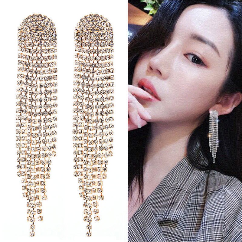 Anting Rumbai Panjang Bahan 925 Silver Needle Aksen Berlian Imitasi Gaya Korea Untuk Wanita