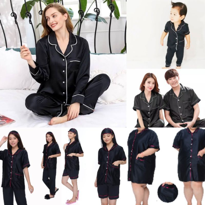 baju tidur satin silk polos hitam / piyama setelan couple ibu anak SET