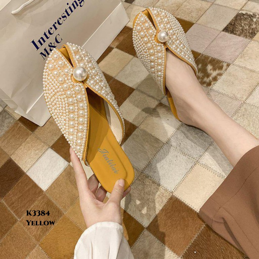 RESTOCK WYN  FLAT SLIPPERS FADDISH FULL PEARL DECOR K3384