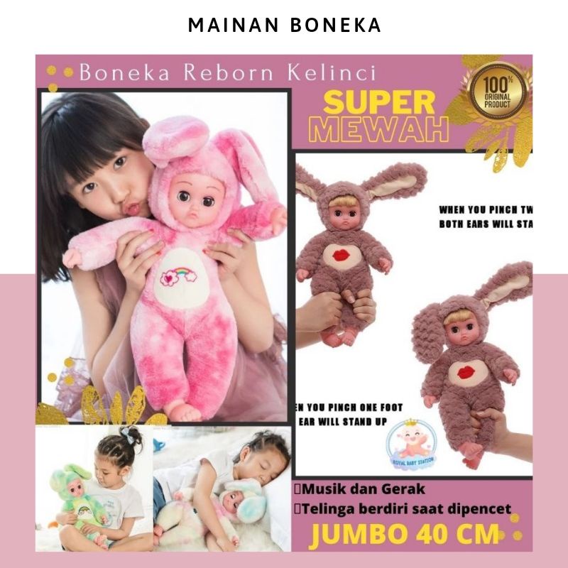 PROMO Mewah! Boneka Bayi Reborn Kelinci 40 cm Gerak Bernyanyi Musik Hadiah Anak Original Super Soft