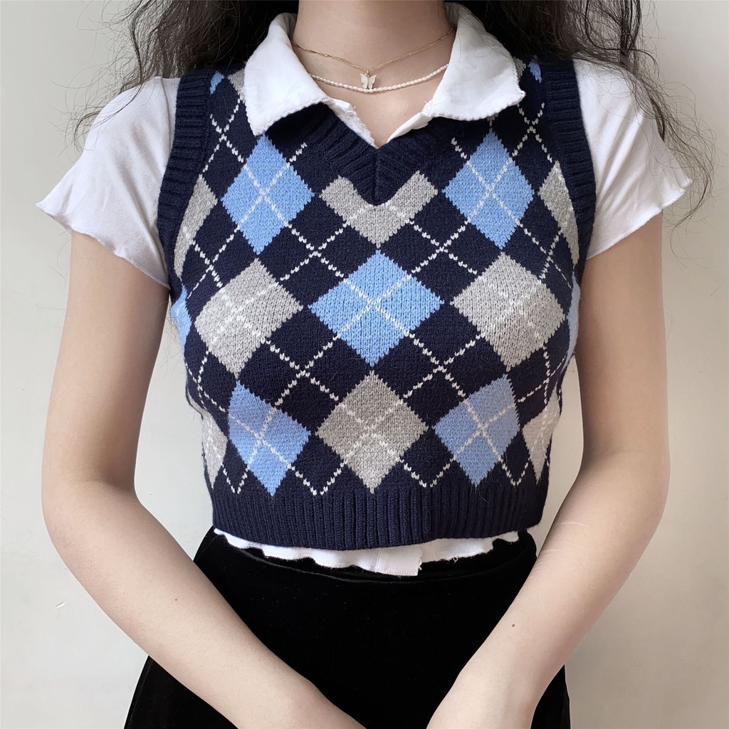 RUBY Vest Rompi Argyle V Neck Motif Crop Top Kotak Rajut Wanita Korea