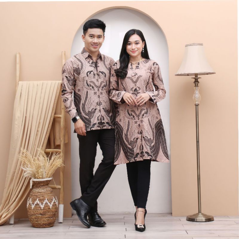 couple batik pola krem-kreman kancing depan busui original hilmi super seragam batik pria wanita baj