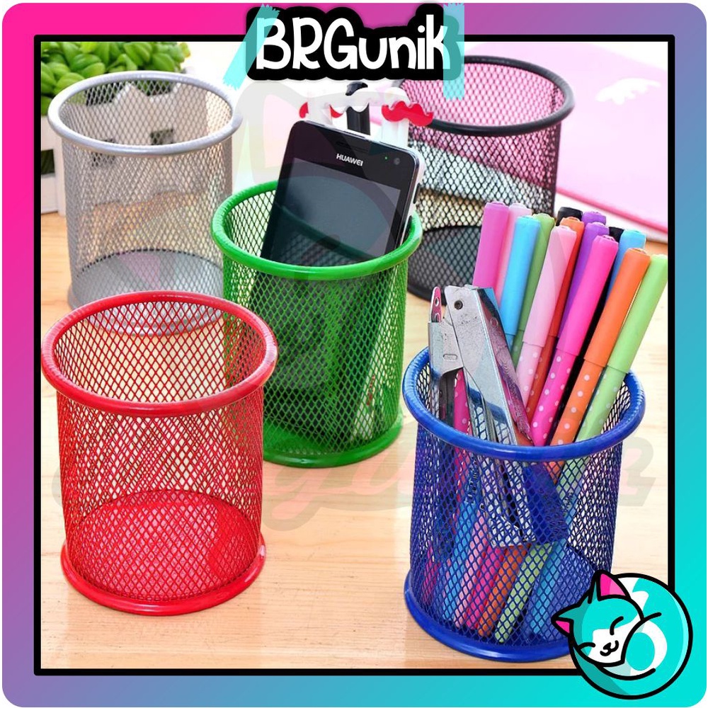 BRGUNIK Tempat Pulpen Alat Tulis Besi Jaring Pen Holder Meja Desk Organizer Kotak Pensil R010