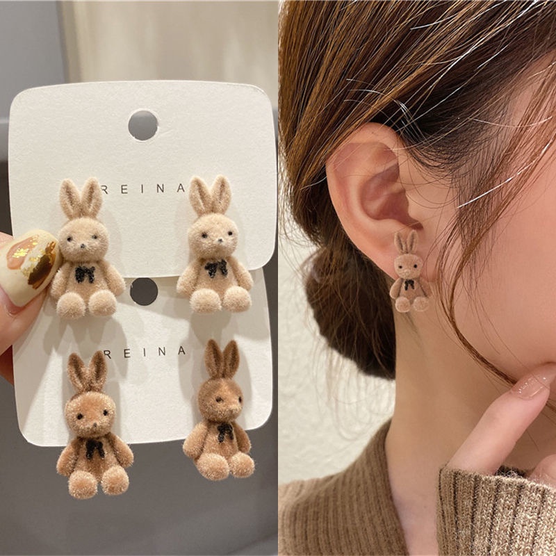 Anting Tusuk Silver S925 Gaya Korea Motif Kelinci + Pita + Hati Untuk Perhiasan Wanita