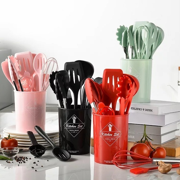 Silicone Utensil Set isi 12pcs Spatula Silicone Set BPA Free + Wadah + Alas Sendok