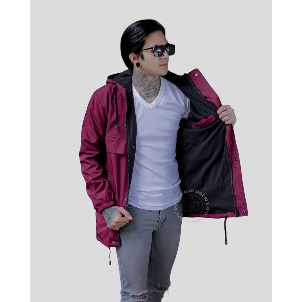 DOUBLE ONE - Jaket Hoodie Pria Outdoor Taslan Original The Bojiel / Jaket Parka Parasut / Jaket Hoodie Waterproof Maroon