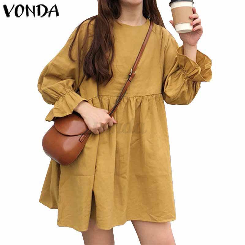 Vonda Women Casual Long Sleeve Solid Baggy Cotton Linen Dress