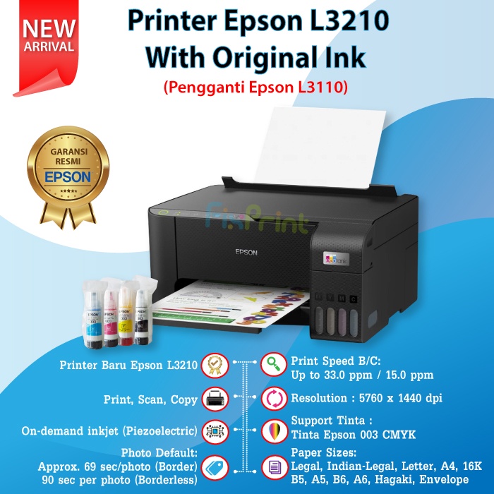 Printer Epson L3210 Black L3216 White Print Scan Copy All-in-One Pengganti L3110 Ink Tinta 003