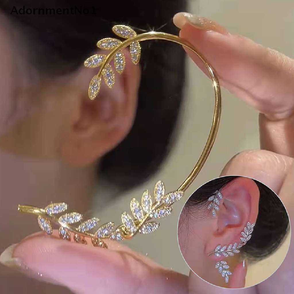 (AdornmentNo1) Anting Klip Tanpa Tindik Motif Daun Aksen Kristal Berkilau Untuk Perhiasan Wanita