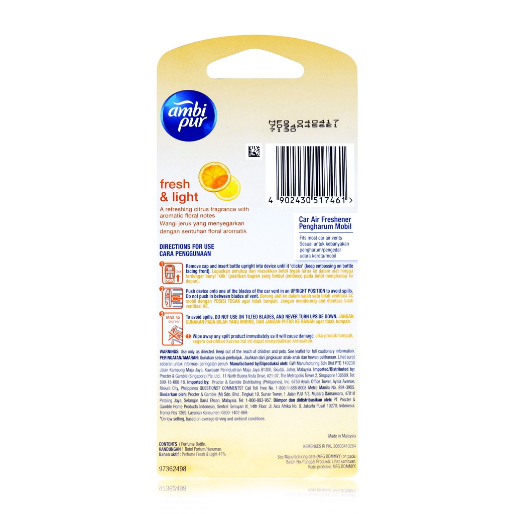 Pengharum Mobil Parfum Mobil Pewangi Ruangan Premium Clip Fresh &amp; Light Refill Kit 7.5 ml