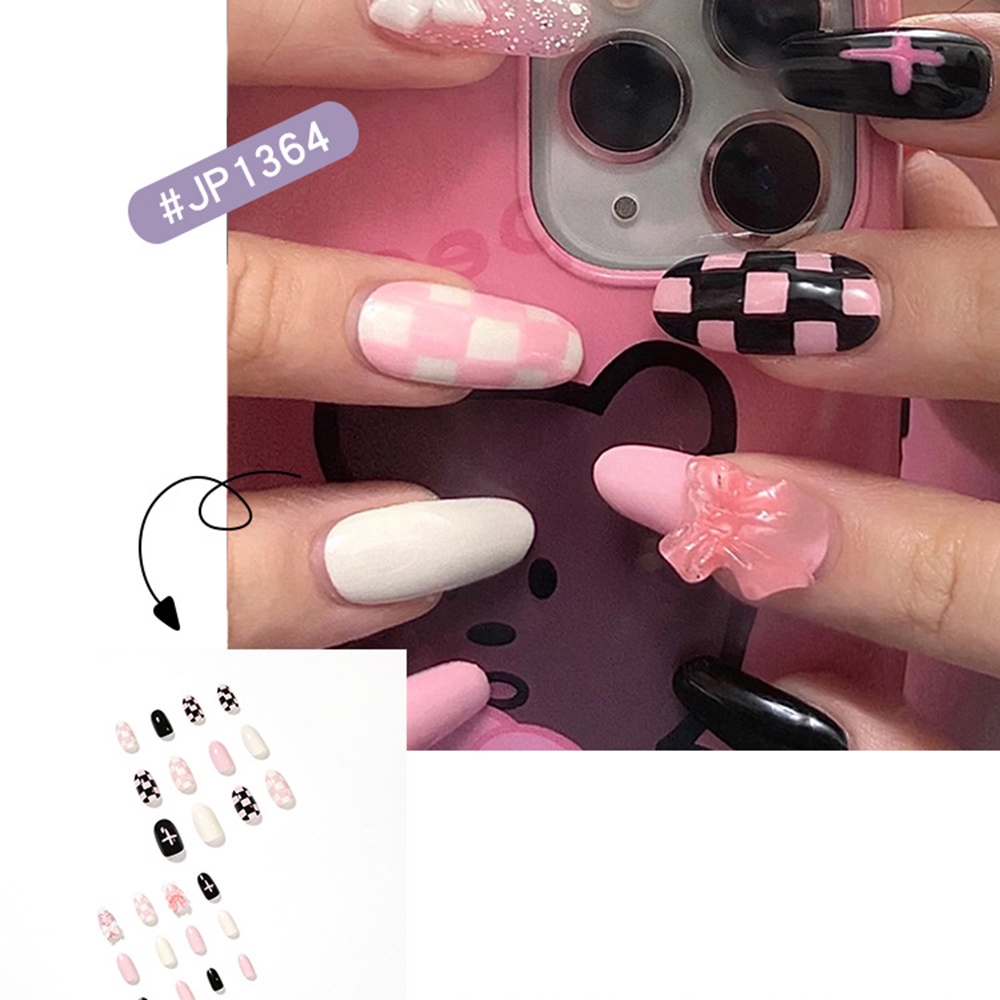 24pcs Kuku Palsu Motif Kotak-Kotak Warna Pink Untuk Dekorasi Nail Art