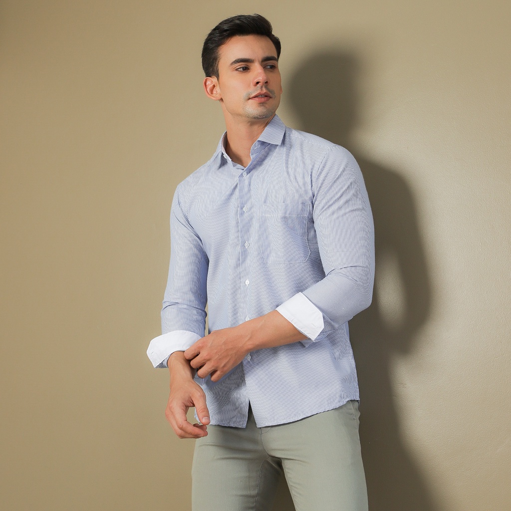 Kemeja Pria MF Maxfel Panjang Slimfit Strip Biru Salur Kerah Putih