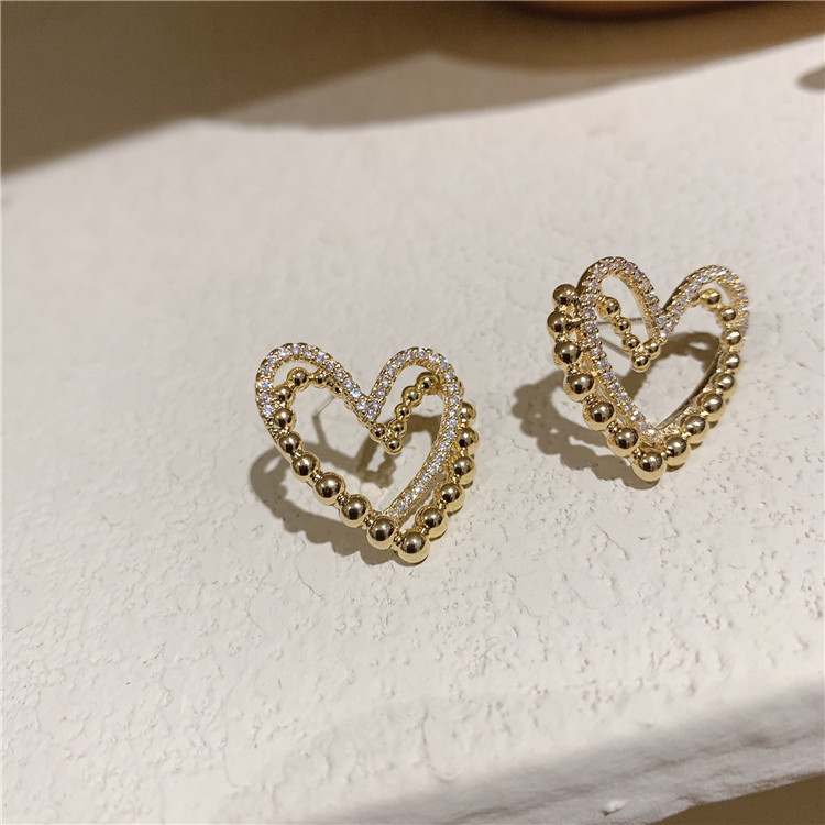 1 Pasang Anting S925 Silver Needle Double Layer Bentuk Hati Warna Emas Gaya Korea Untuk Wanita