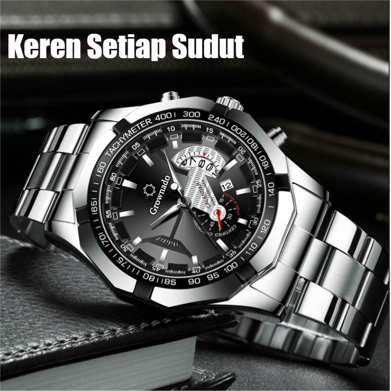 【Harga Terendah】✅Jam Tangan Pria ✔ Anti Air + Anti Gores Grownado Original Keren Fashion Watch Quartz Bisnis Kalender Stainless Steel (Free BOX-Kartu)-6