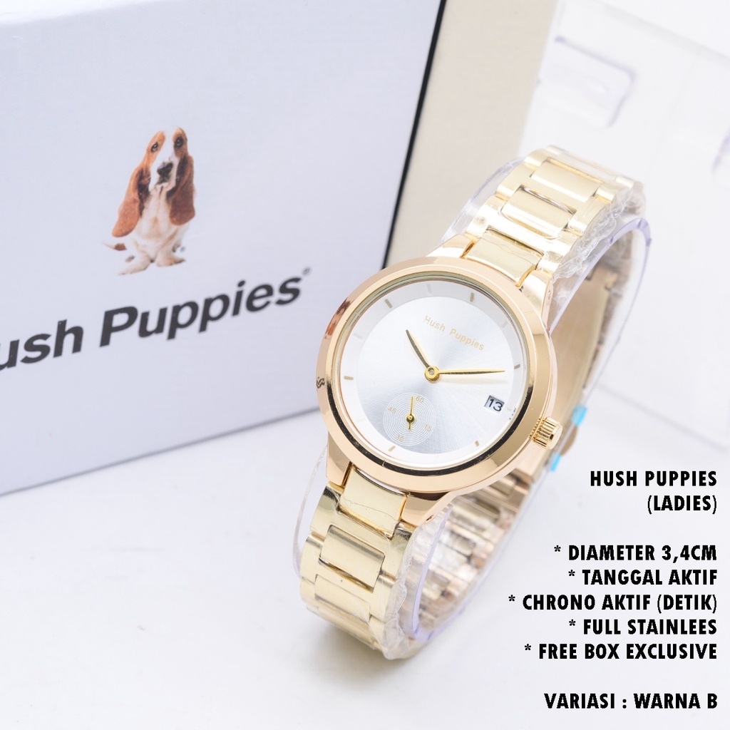 (FREE BOX) JAM TANGAN WANITA HUSH PUPPIES RANTAI BODY BULAT TANGGAL &amp; CHRONO AKTIF