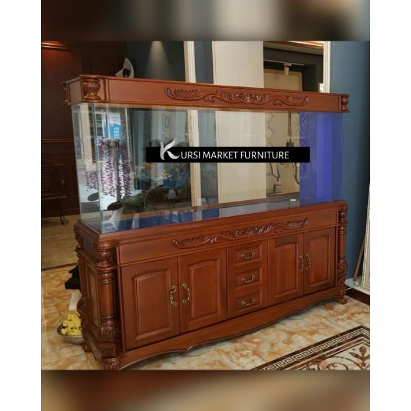 Bufet aquarium jumbo uk 200cm tempat aquarium ikan arwana mewah meja aquarium kayu jati ukir jepara