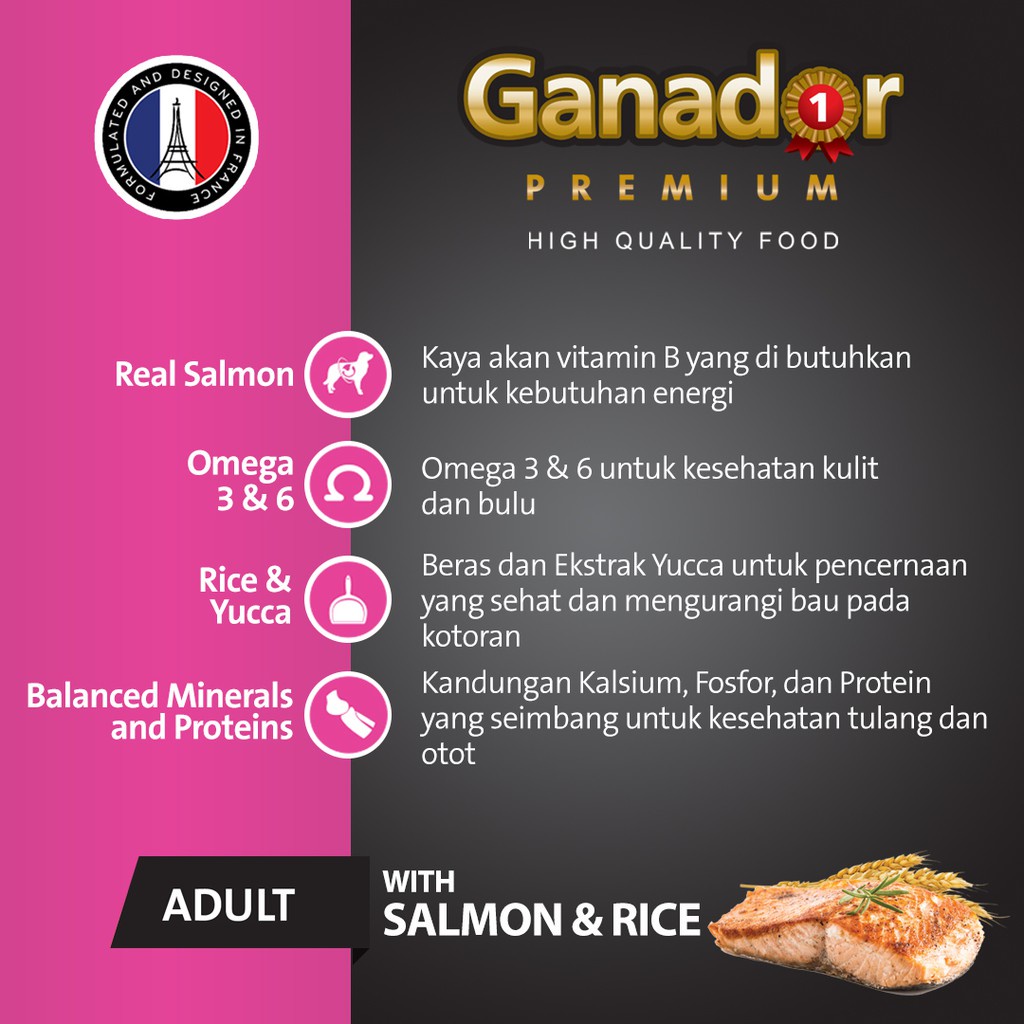 (Freshpack) Makanan Anjing Kering GANADOR Premium Adult Salmon &amp; Rice 400 Gram / Dry Dog Food Murah