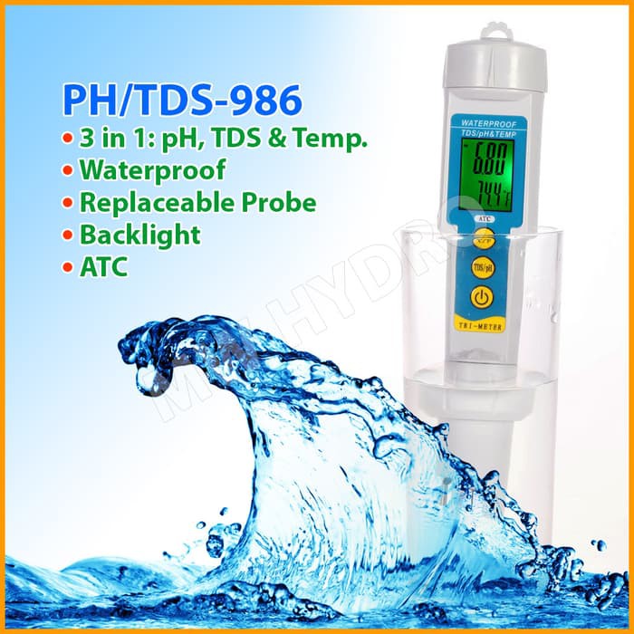 pH + TDS + Temp Meter - Waterproof Backlight ATC - 3 in 1 (986)