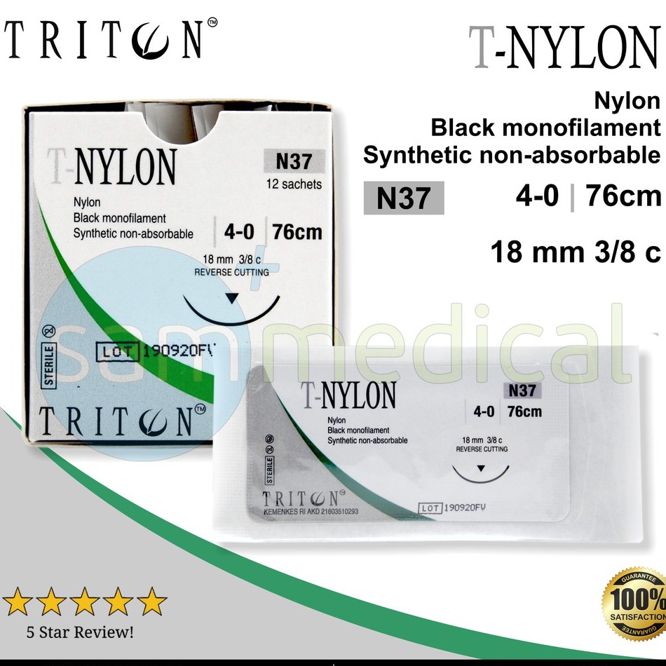 Triton Benang Nylon + Jarum Cutting 4/0 N37 / Benang OP / benang rumah sakit /benang jahit kulit @pc