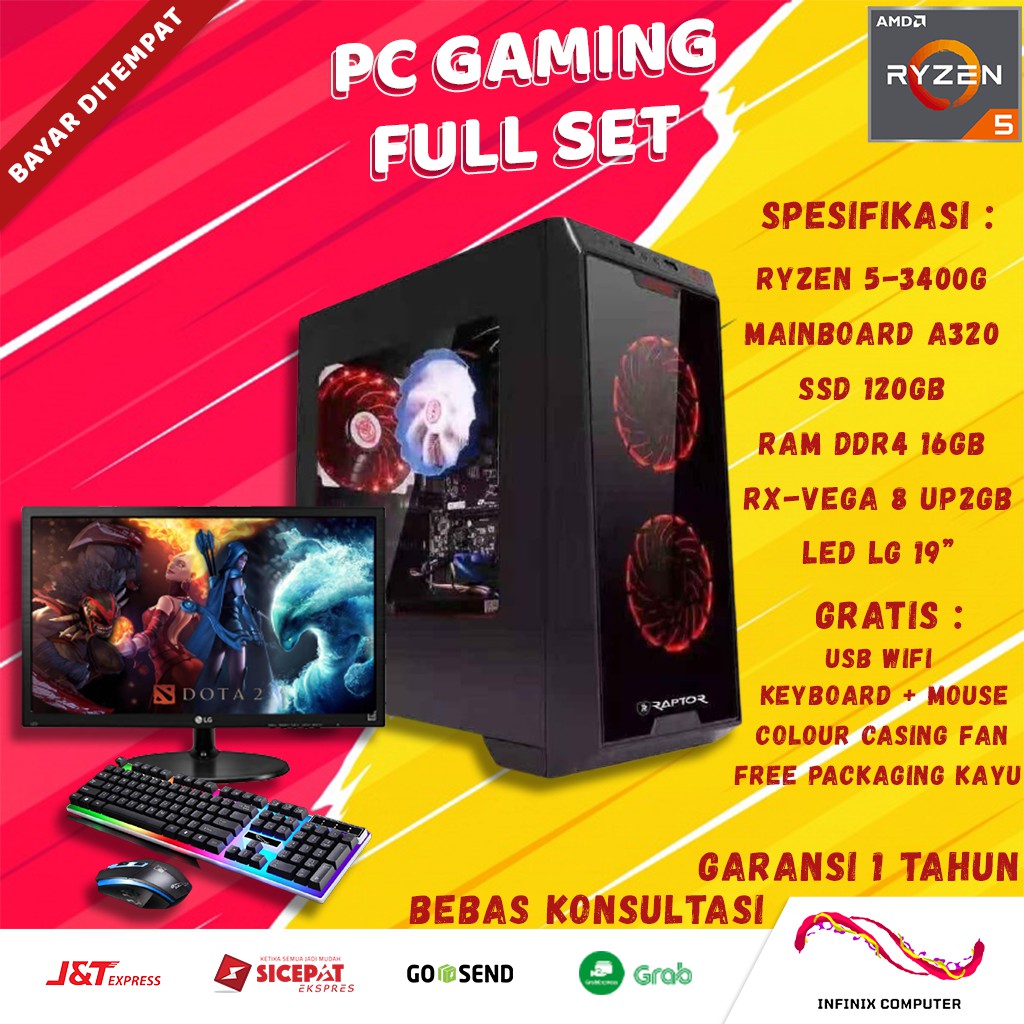 PC GAMING FULLSET AMD RYZEN 5 3400G SSD 120GB RAM 16GB CPU GAMING KOMPUTER RAKITAN E58