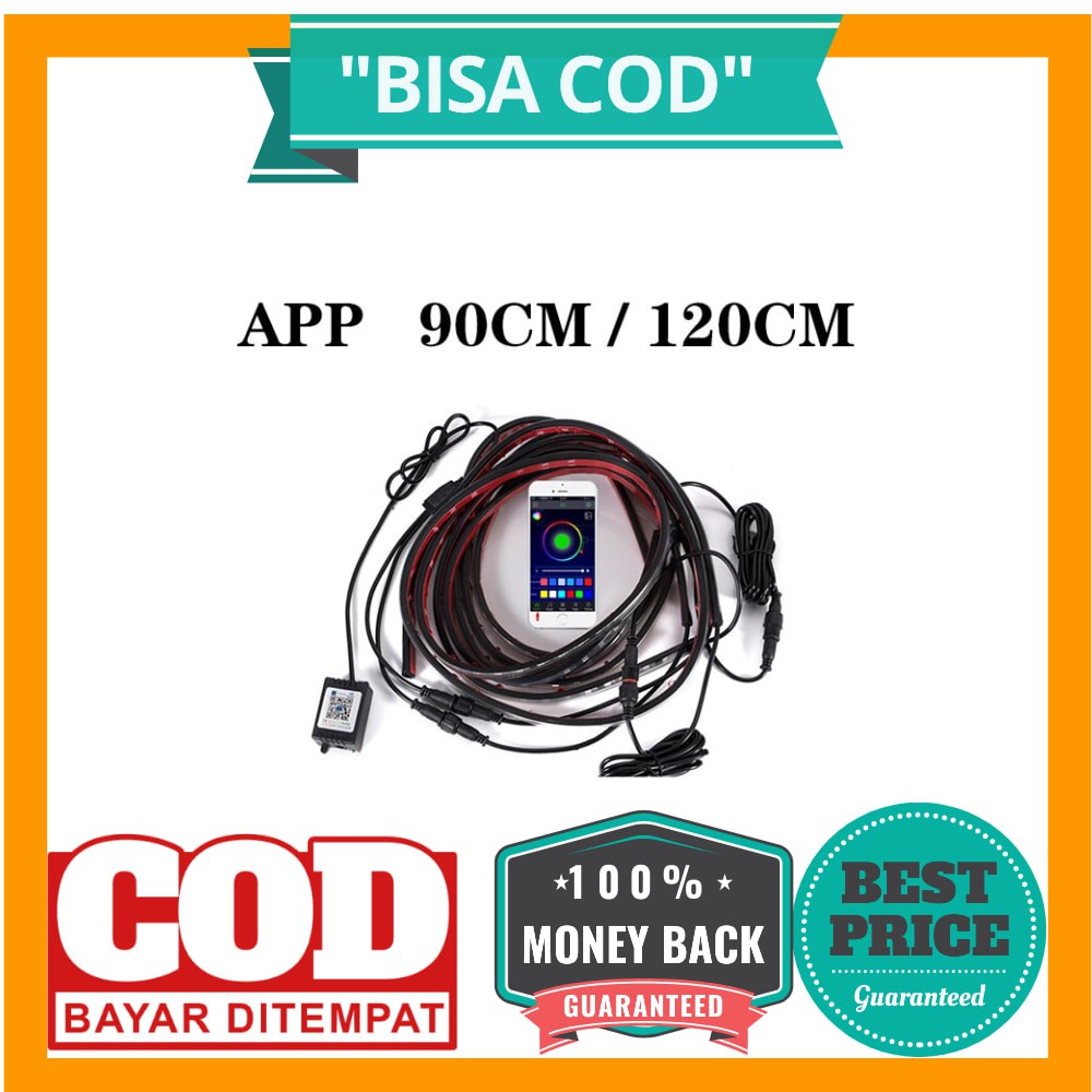 BISA COD JIAMEN Lampu LED Strip Mobil RGB Underglow Car Body 90/120 cm 4PCS with Bluetooth App