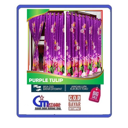 Gorden jendela pintu ruang tamu kamar minimalis tirai hordeng korden panjang murah motif Tulip Ungu 