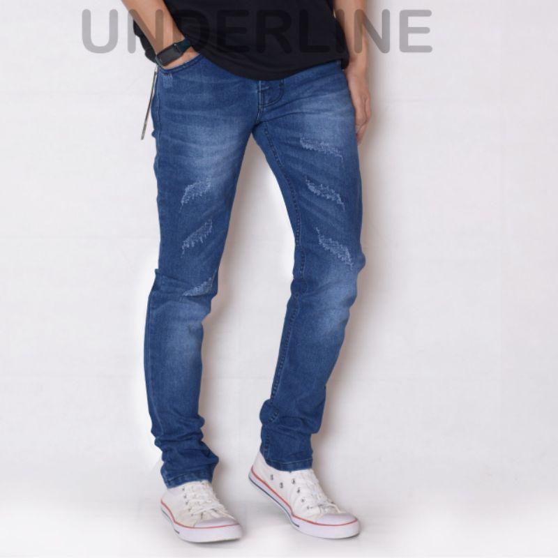 Celana jeans ripped laser daun pria premium , ripped jeans pria tidak tembus original Underline