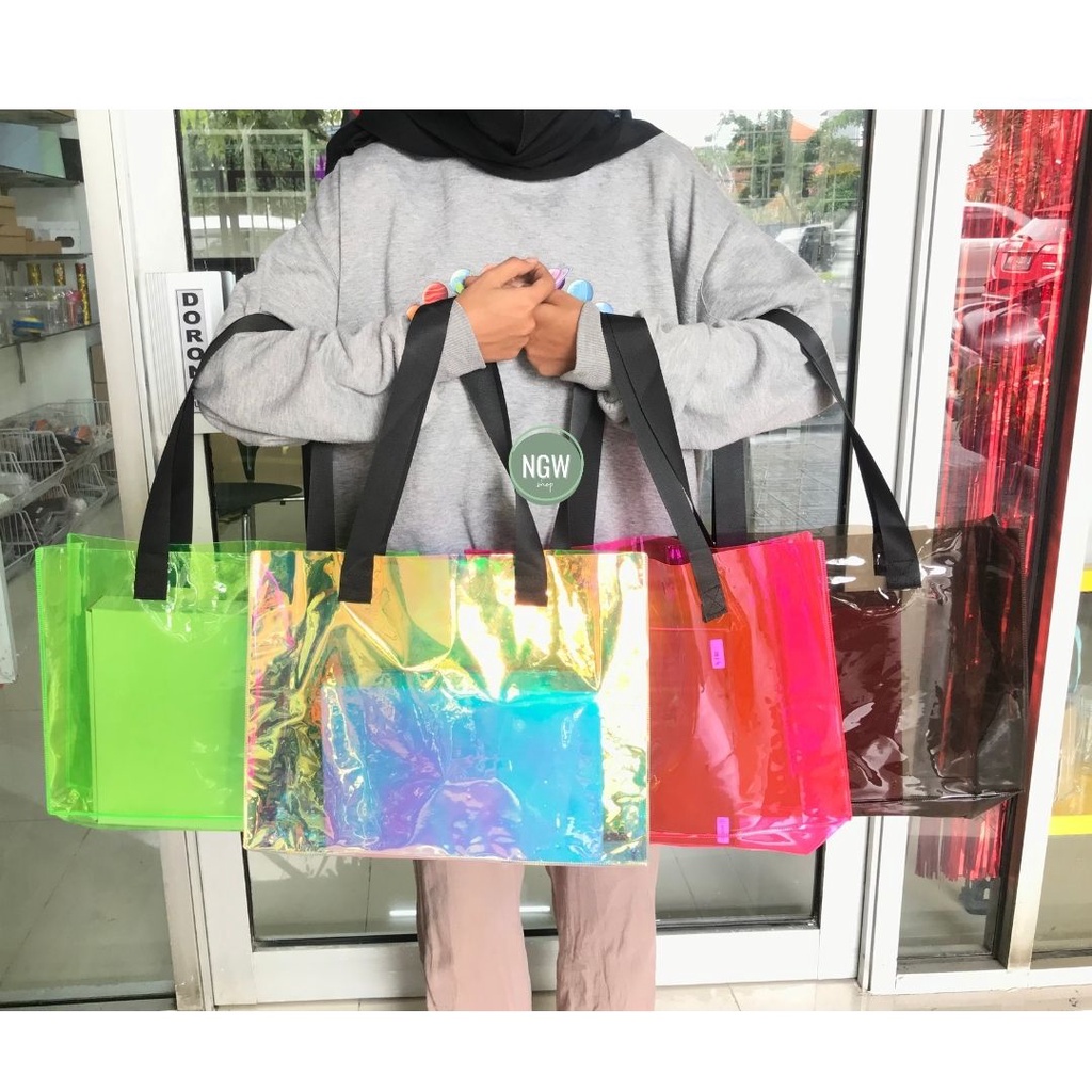 Tas totebag PVC transparant kerja kuliah 40x10x30 aneka warna hologram