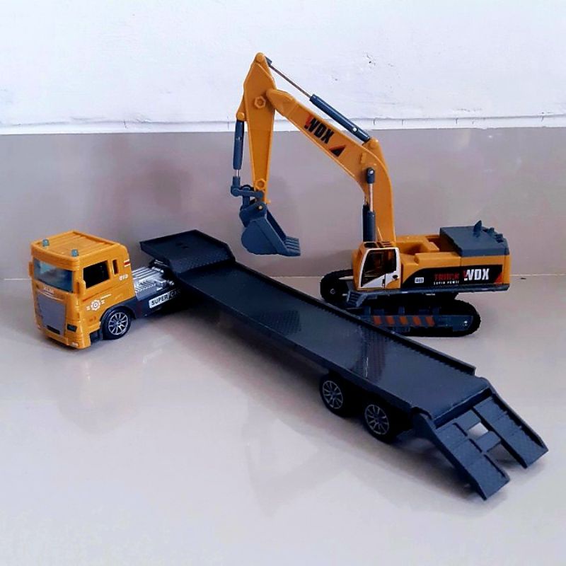 Diecast Set Truk Trailer &amp; Excavator Alloy - Mainan Miniatur Mobil Beko