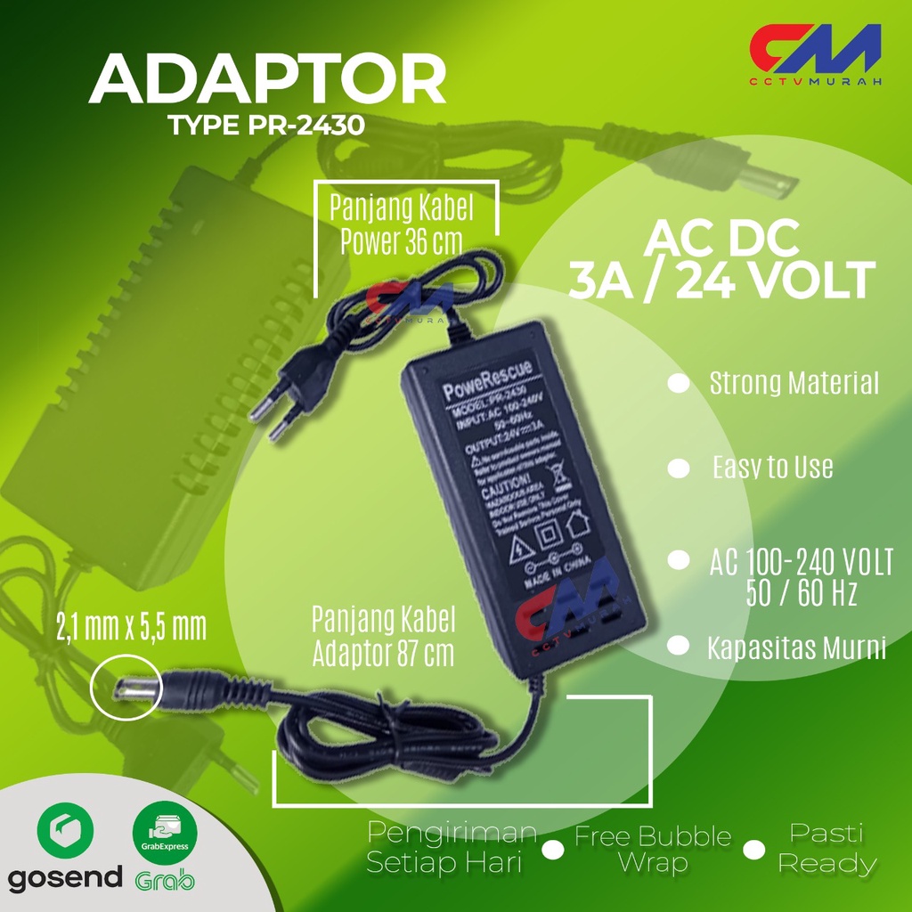 Adaptor 24V/3A || Type PR - 2430 || Adaptor With Jack 2.1 x 5.5 MM