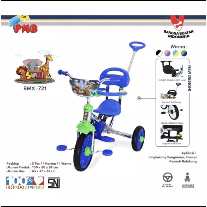 PMB 721 Sepeda BMX Roda Tiga Anak Tricycle Sandaran Stenlis Nikel Dorongan Jagaan PMB 721