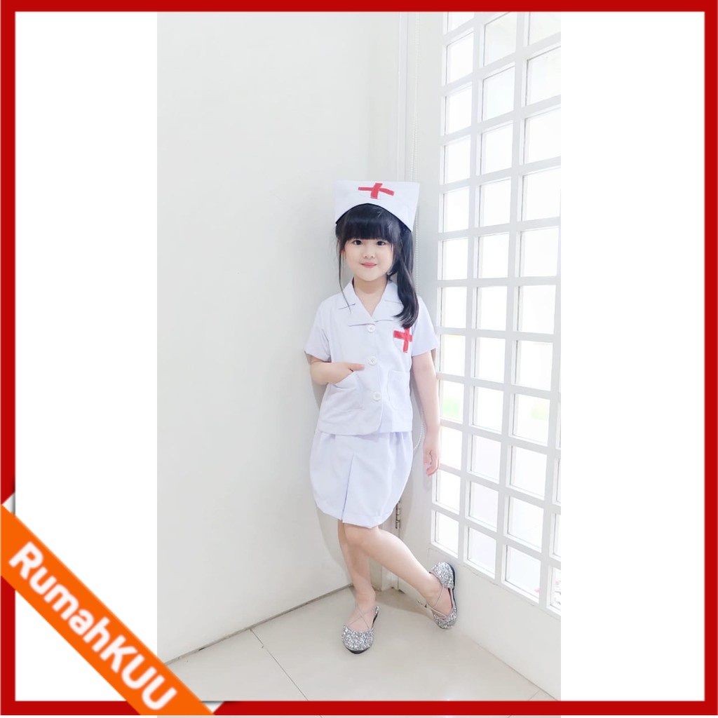 Baju Kostum Seragam PERAWAT / DOKTER Putih Wanita Anak Lengan Pendek Bayi Newborn Photoshoot Perempu