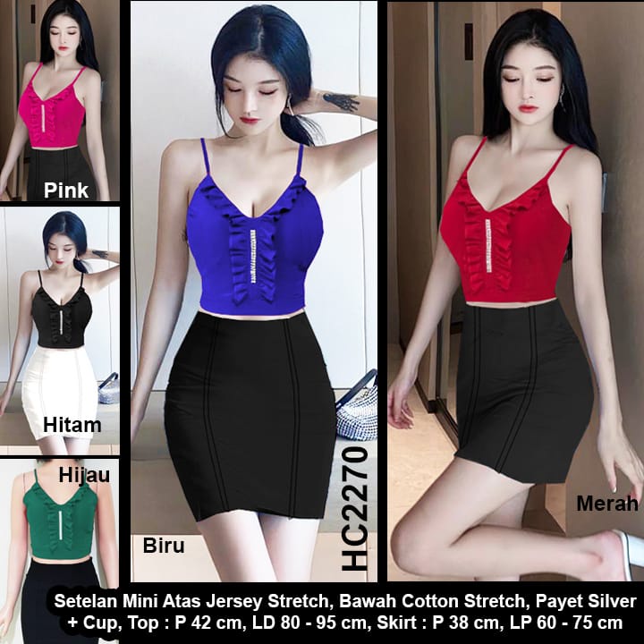 HC2270 Setelan Atasan Jersey Dada Payet Silver + Cup Bra Bawahan Katun Stretch / Setelan Mini Seksi / Mini Dress / Stelan Mini Dres Sexy