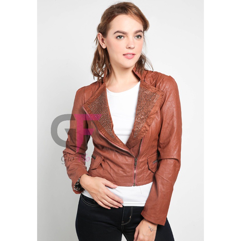 GIOFLO Jaket Wanita Semi Kulit Casual Modis Coklat / JAKW 146