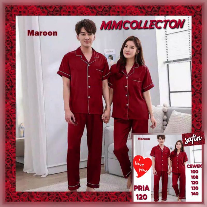 piama pasangan suami istri couple / cowok cewek Piyama baju tidur satin polos lengan pendek-2 PCS - maron