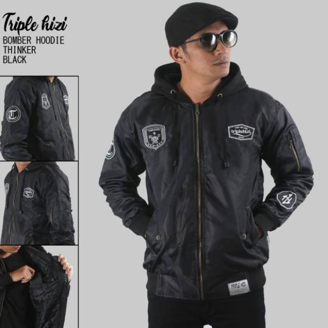 JAKET BOMBER HOODIE HITAM TRIPLE HIZI