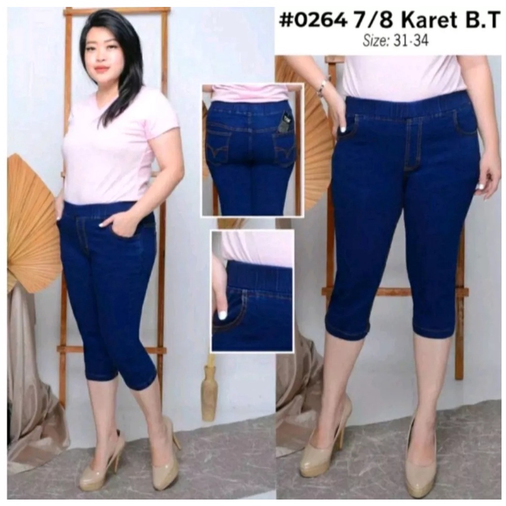 Celana Jeans Wanita 7/8 Full Pinggang karet Street Melar Halus