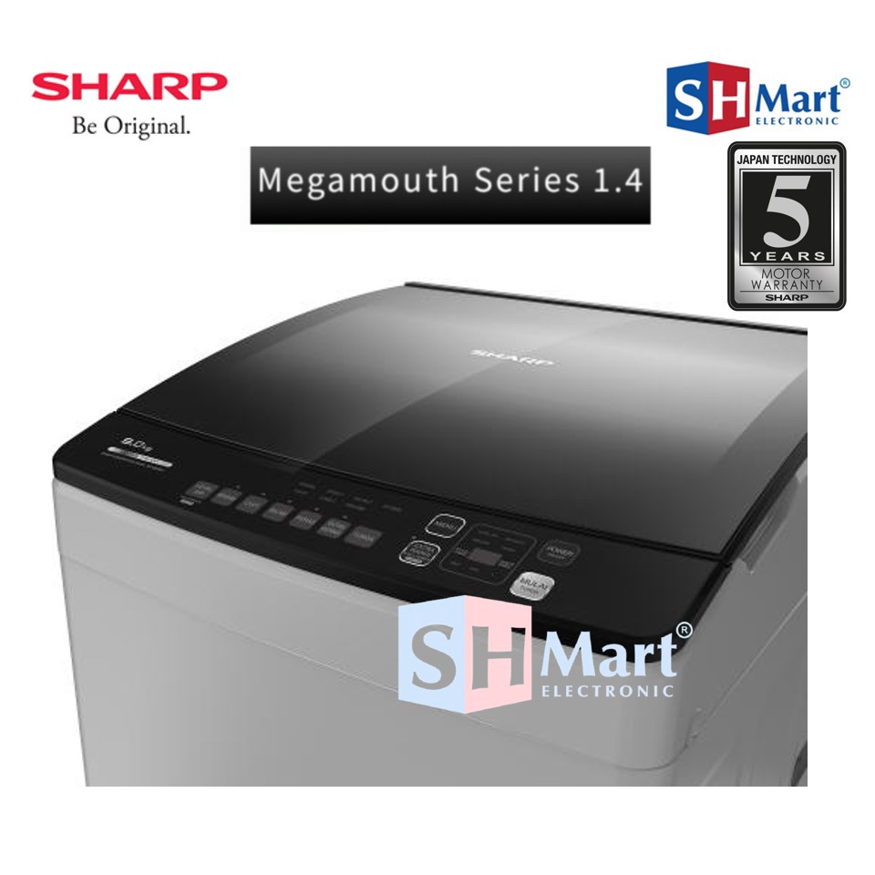 MESIN CUCI SHARP 1 TABUNG 8 KG ES-8000T-GG TOP LOADING SHARP 8 KG MEGAMOUTH 1.4 GARANSI RESMI