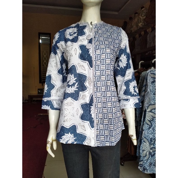 tey-17 Batik wanita ASJ SA HRB026 Kenongo Kemeja Tosca Pendek-DAPEL BIRU