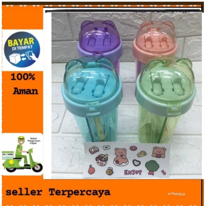 BOTOL MINUM DUA SISI/BOTOL 2 TEMPAT KEPALA BERUANG 420 ML ADA SEDOTAN DAN TALI FREE STICKER