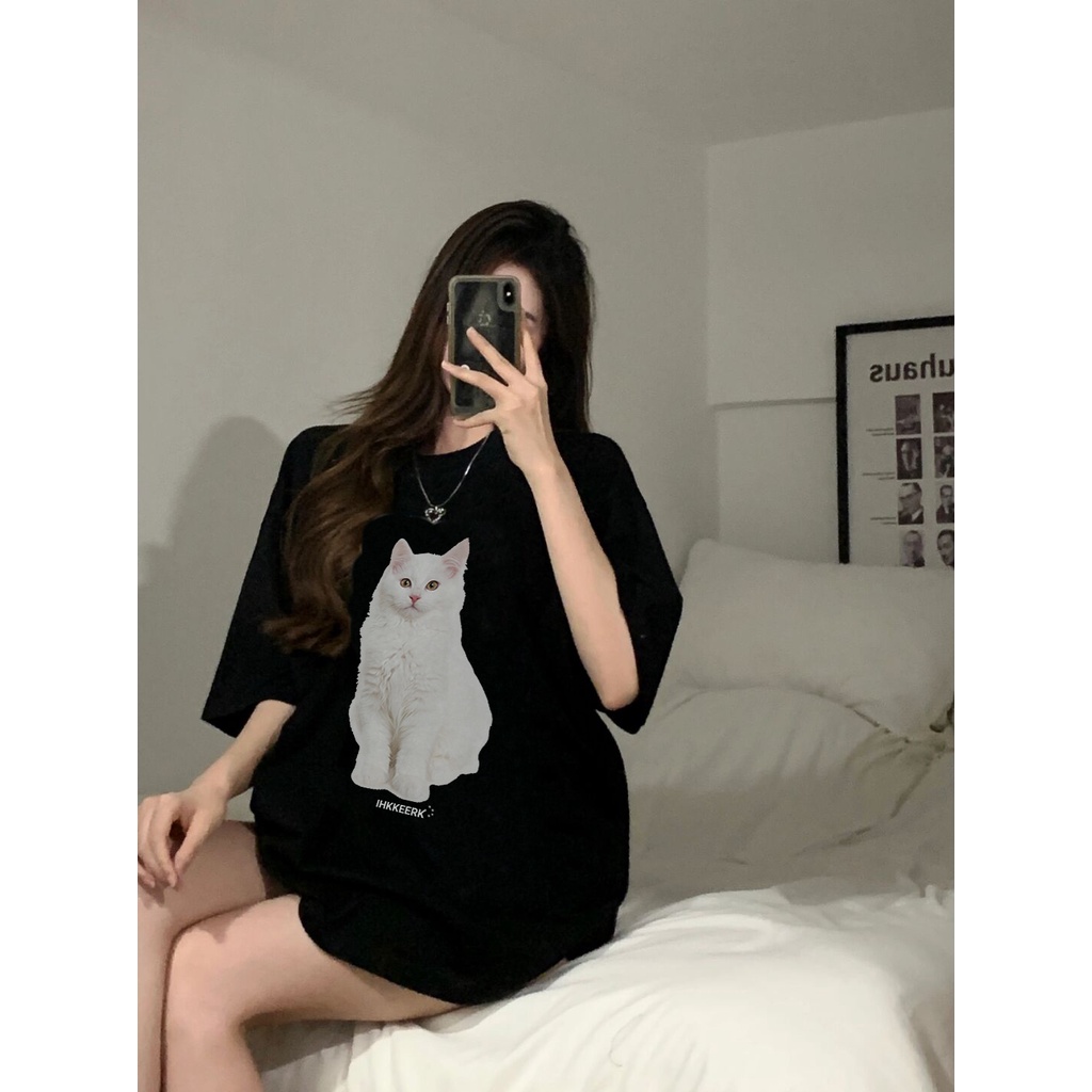 [100%  Katun]Cat Kaos Putih Atasan Wanita Lengan Pendek Oversize Printed T-shirt Baju Wanita Kekinian Korean Style