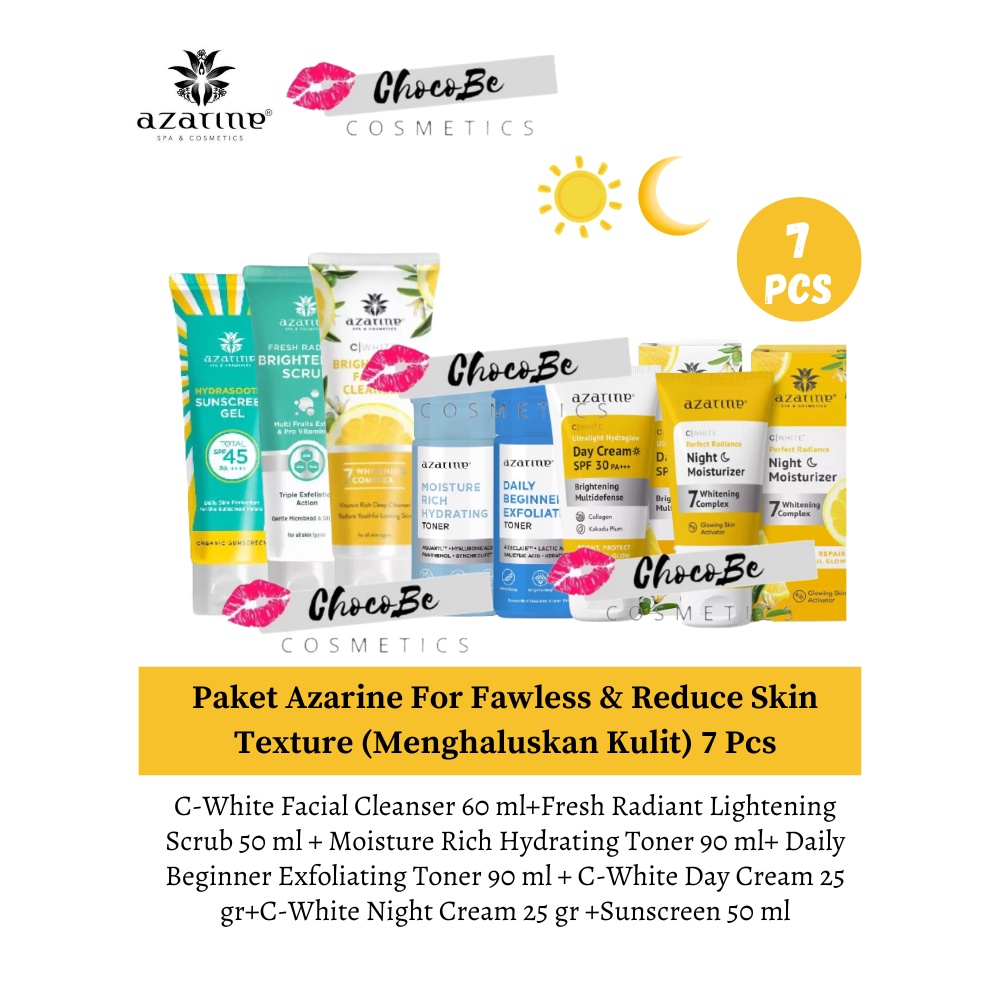 Paket Azarine Skincare 7 Pcs U/ Menghaluskan & Kulit Tampak Fawles (C-White Facial+Fresh Radiant+Ton