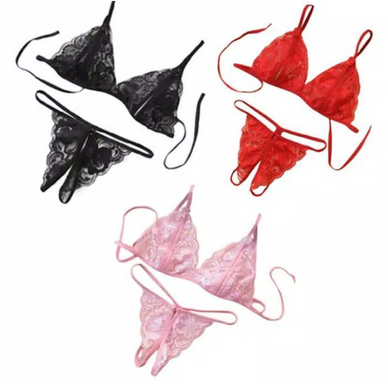 BEST SALE lingerie set bra dan G string transparan pita bunga