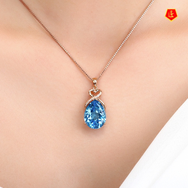 [Ready Stock]Blue Water Drop Pear-Shaped Pendant Women's Luxury Heart-Shaped Necklace