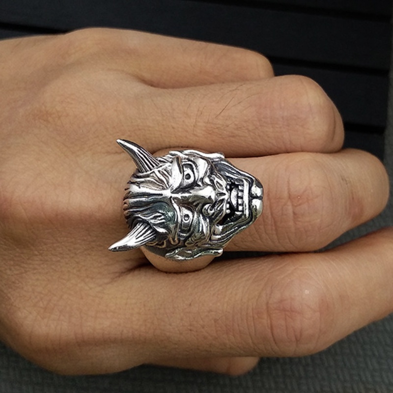 Cincin Model Terbuka Desain Topeng Prajna Tengkorak Gaya Punk Vintage Untuk Pria